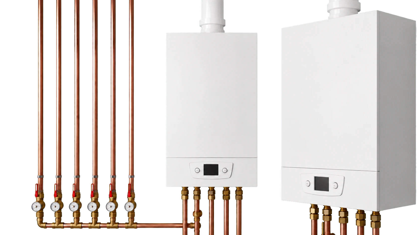 Two white gas boilers with copper pipework, valves and pressure gauges